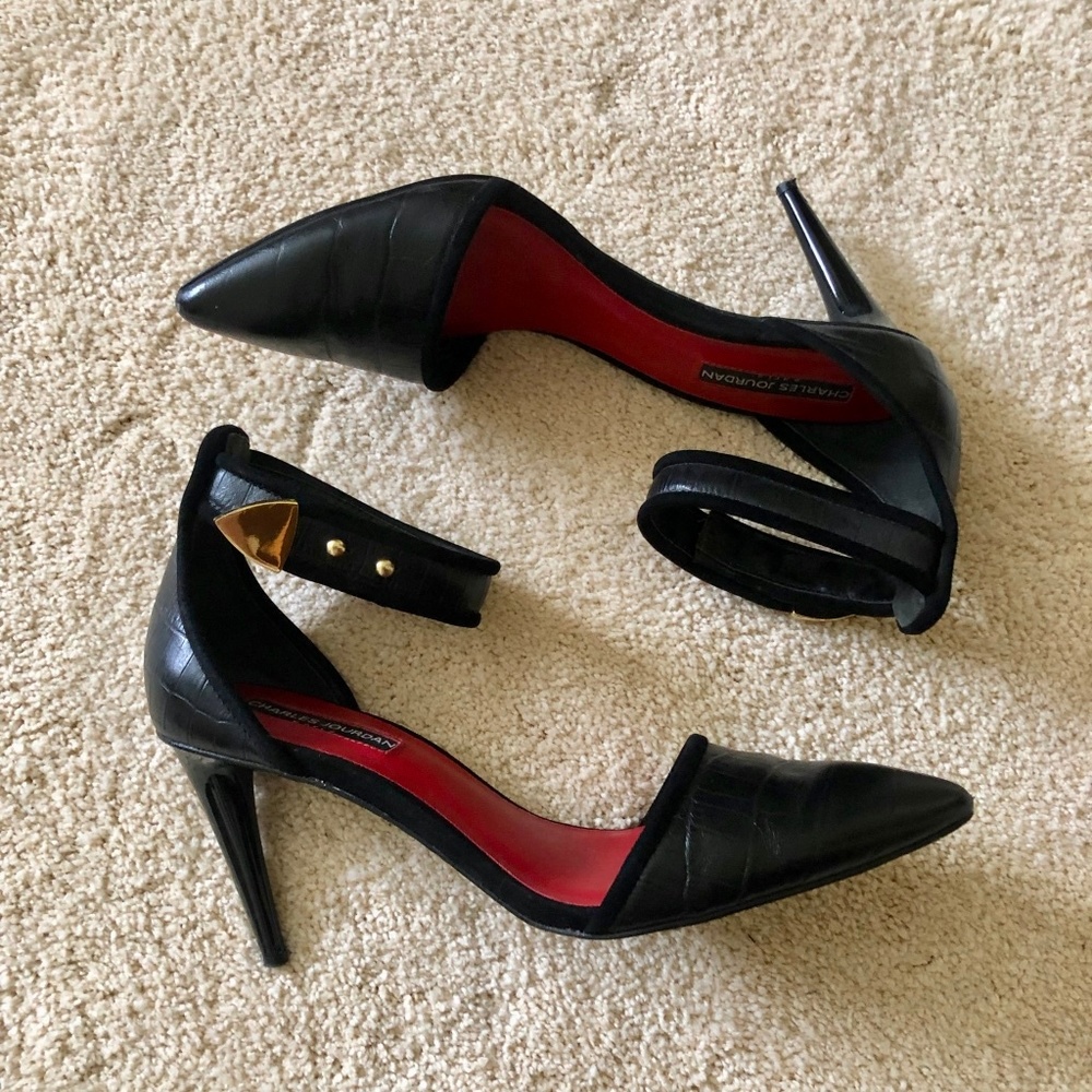 Charles Jourdan Black Leather Pointed-Toe Ankle-Strap Heels with Red Insole